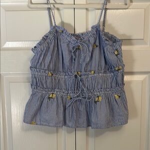 Blue and White Striped Tank Top with Yellow Accents